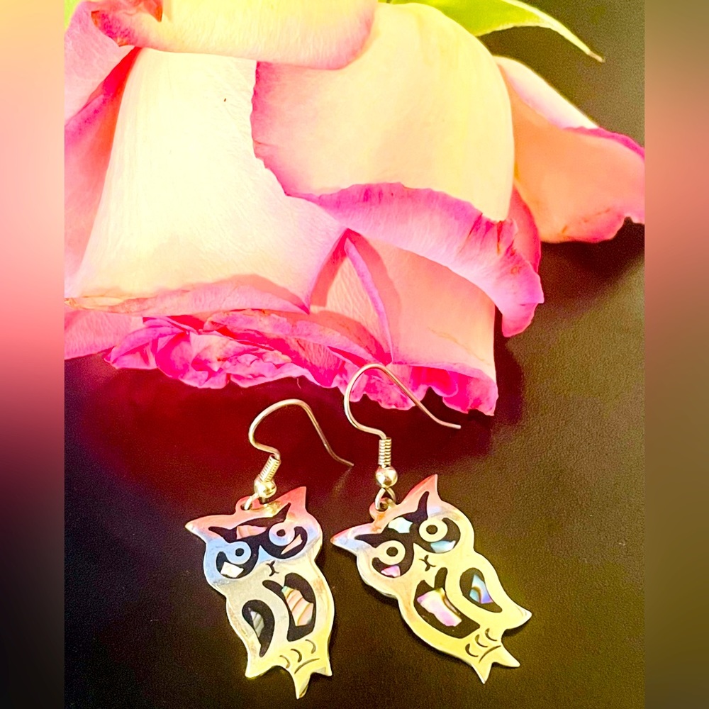 Vintage Alpaca Silver with Abalone Shell Black Onyx Owl Earrings - Picture 2 of 8